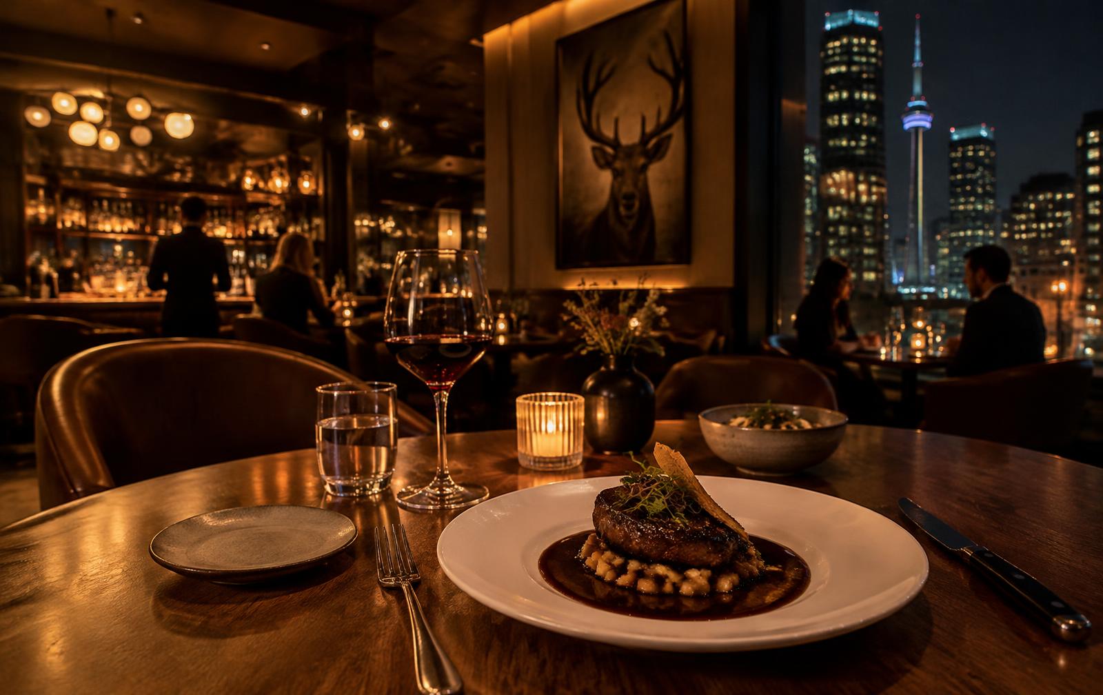 Warmly lit Canadian restaurant at night with a plated dish